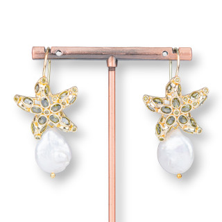 Bronze Starfish Hook Earrings With Zircons And Peridot Baroque River Pearls