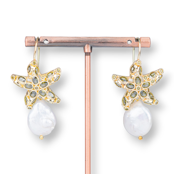 Orecchini A Monachella Di Bronzo Stella Marina Con Zirconi E Perle Di Fiume Barocche Peridot