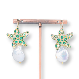 Starfish Bronze Hook Earrings With Zircons And Green Baroque River Pearls