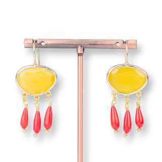 Boucles D'oreilles En Bronze Oeil De Chat Et Pampilles De Corail De Bambou Jaune Foncé