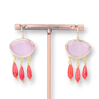 Pendientes De Bronce Con Ojo De Gato Y Gotas De Coral Bambú Rosa
