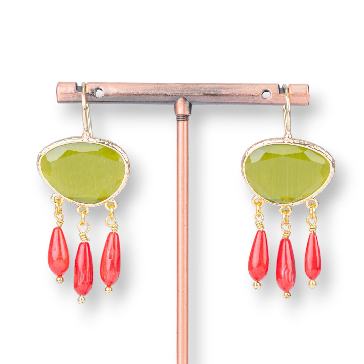 Boucles D'oreilles En Bronze Oeil De Chat Et Gouttes De Corail De Bambou Vert Acide