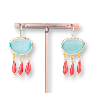 Χάλκινα σκουλαρίκια με Cat's Eye και Aqua Green Bamboo Coral Drops