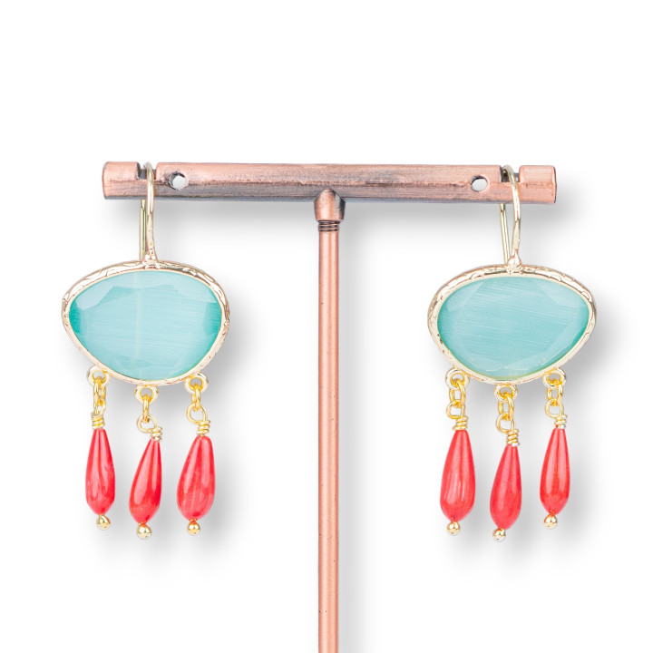 Boucles D'oreilles En Bronze Oeil De Chat Et Gouttes De Corail De Bambou Bleu Sarcelle