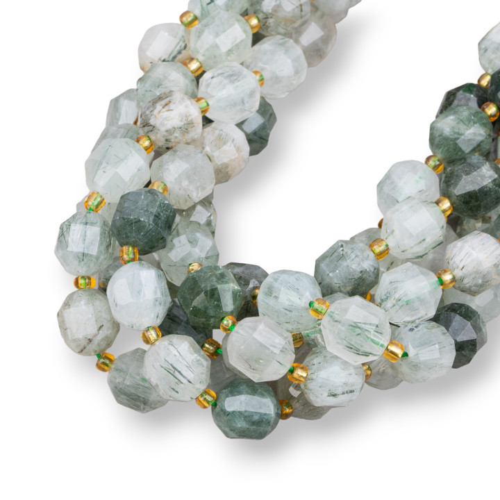 Boule Verte Quartz Rutile Coupe Cylindrique Facette 9x10mm