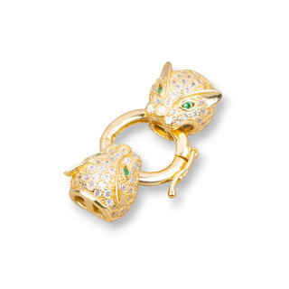 Verschluss aus 925er Silber mit Zirkonen, doppelter Pantherkopf mit zentralem Ring, 14 x 26 mm, 1 Stk., goldenes grünes Auge
