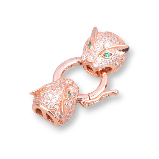 Verschluss aus 925er Silber mit Zirkonen, doppelter Pantherkopf mit zentralem Ring, 14 x 26 mm, 1 Stück, Roségold, grünes Auge
