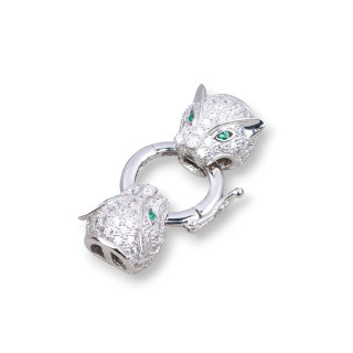 925 Silver Clasp With Zircons Double Panther Head With Central Ring 14x26mm 1pc Rhodium-Plated Green Eye