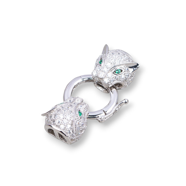 925 Silver Clasp With Zircons Double Panther Head With Central Ring 14x26mm 1pc Rhodium-Plated Green Eye