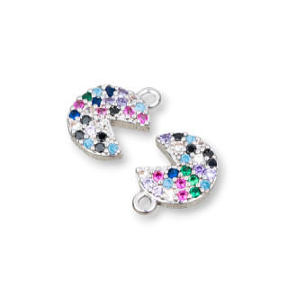 Componente Pendente Di Bronzo Con Zirconi Multicolor Pavè Spicchio Pac-Man Con Un Anellino 08x11mm 15pz Rodiato