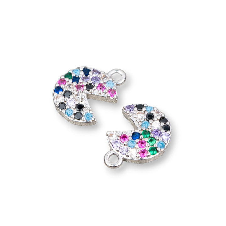 Componente Colgante Bronce Con Zirconia Cúbica Multicolor Pavè Clavo Pac-Man Con Un Anillo 08x11mm 15pcs Rodio