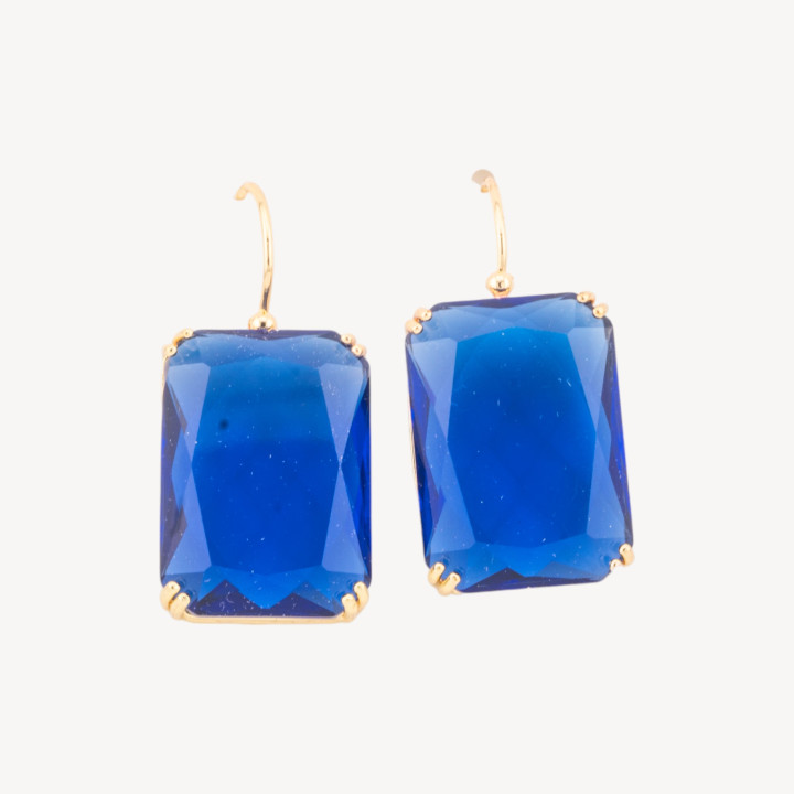 Bronze Hook Earrings With Rectangle Crystals Set 18x38mm Blue