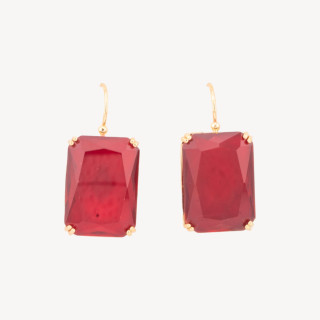 Bronze Leverback Earrings with Rectangle Crystals Set 18x38mm Red
