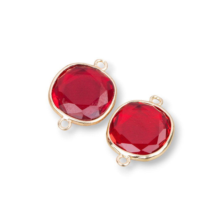 16mm Square Faceted Cat's Eye Brass Component Connector with 2 Rings 10pcs Transparent Red