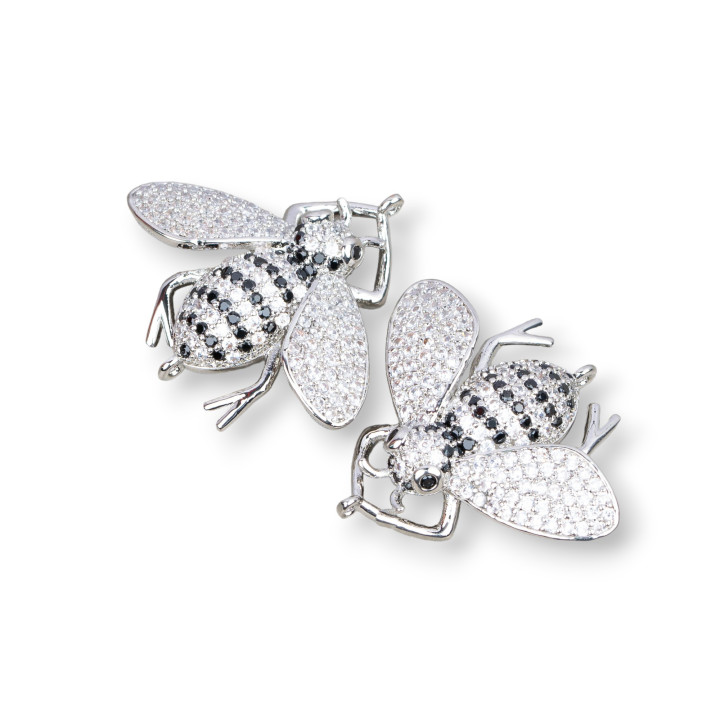 Conectores Bronce Con Circonitas Set Abejas Con 2 Aros 30x28mm 4pcs Blanco + Negro Rodio