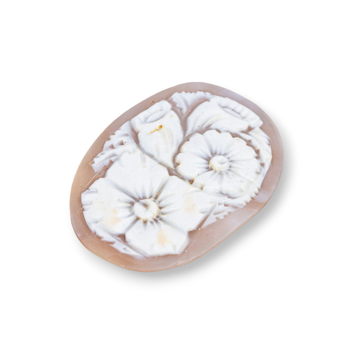 Cammeo Inciso A Mano Made In Italy Di Conchiglia Sardonica Fiori Ovale 40x50mm 1pz MOD5