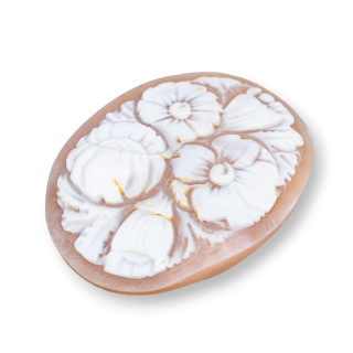 Hand Engraved Cameo Made in Italy of Sardonyx Shell Flowers Oval 46x60mm 1pc