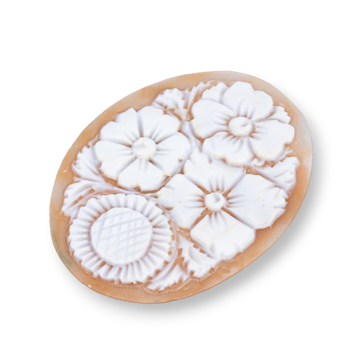 Cammeo Inciso A Mano Made In Italy Di Conchiglia Sardonica Fiori Ovale 46x60mm 1pz MOD2