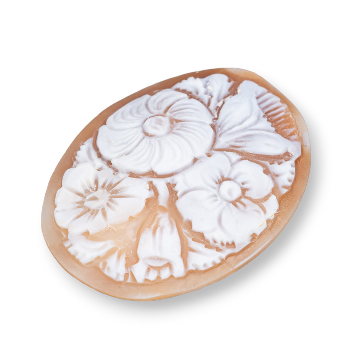 Hand Engraved Cameo Made in Italy of Sardonyx Shell Flowers Oval 46x60mm 1pc MOD3