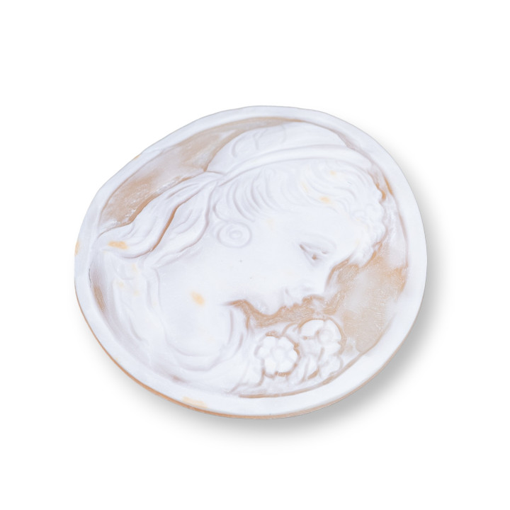 Camée gravé à la main fabriqué en Italie en coquillage sardonique visage de femme rond 50 mm 1 pièce