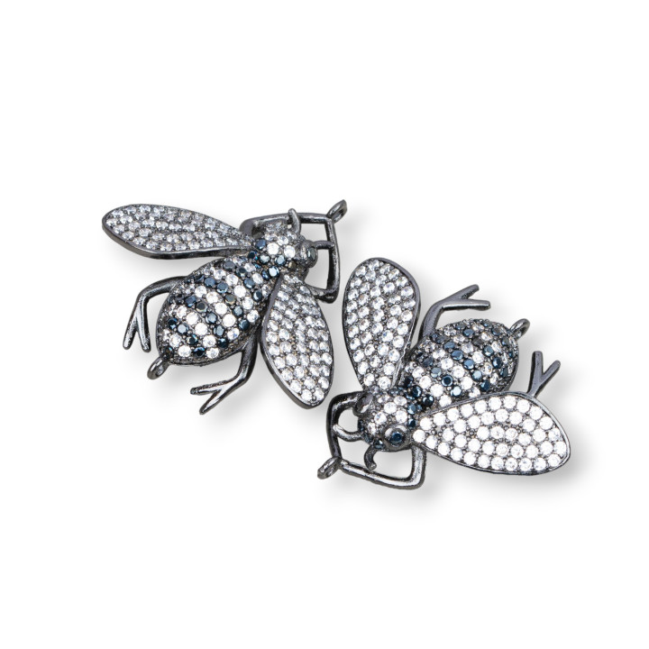 Bronze Connectors With Zircons Set Bees With 2 Rings 30x28mm 4pcs White + Burnished Black