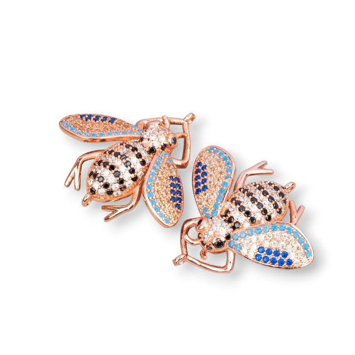 Bronze Connectors With Zircons Set Bees With 2 Rings 30x28mm 4pcs Multicolor Rose Gold