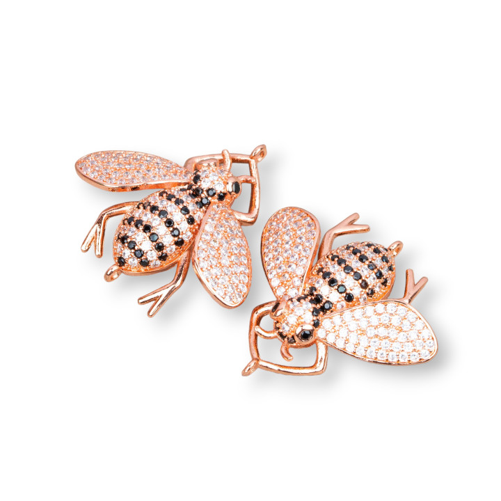 Connettori Di Bronzo Con Zirconi Incastonati Api Con 2 Anellini 30x28mm 4pz Bianco + Nero Oro Rosa