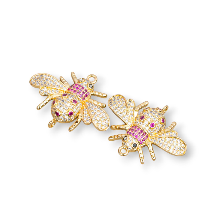 Conector Componente Bronce Con Circonitas Set Abejas Con Dos Anillos Mod.1 28x22mm 4pcs Rojo Dorado