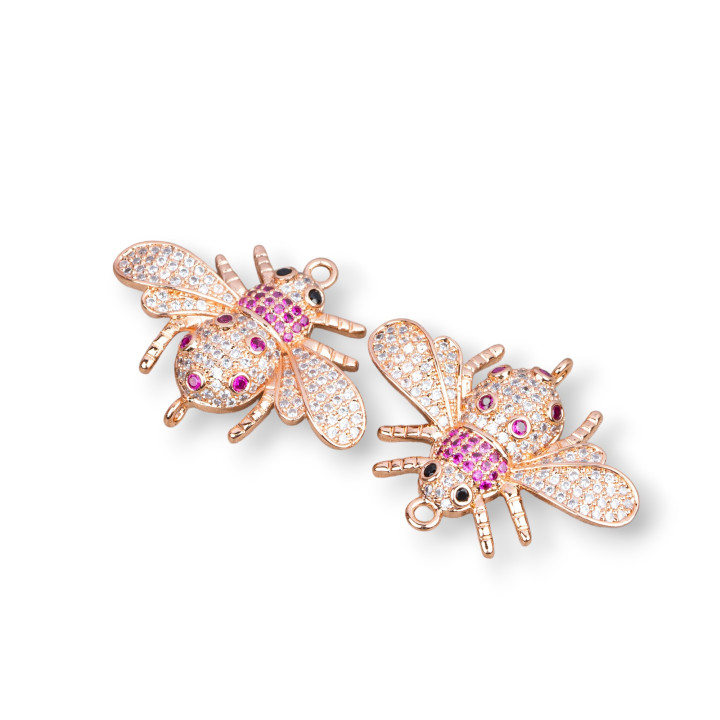 Bronze Component Connector With Zircons Set Bees With Two Rings Mod.1 28x22mm 4pcs Red Rose Gold