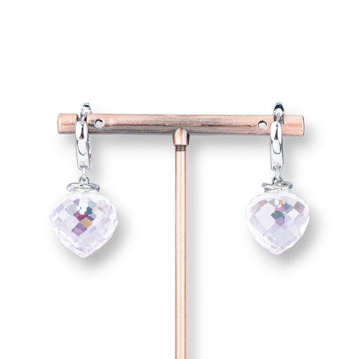 Bronze Stud Earrings With Crystal Drop Cabochon 17x34mm Rhodium Plated Pink