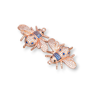 Bronze Component Connector With Zircons Set Bees With Two Rings Mod.1 28x22mm 4pcs Blue Rose Gold