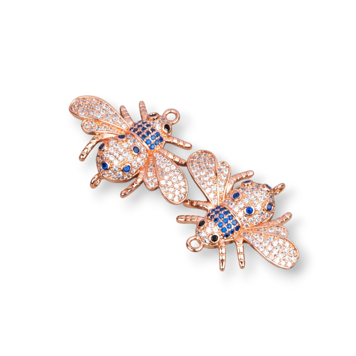 Bronze Component Connector With Zircons Set Bees With Two Rings Mod.1 28x22mm 4pcs Blue Rose Gold
