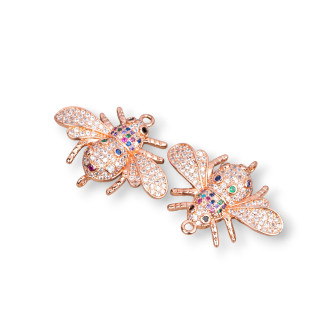 Connettore Componente Di Bronzo Con Zirconi Incastonati Api Con Due Anelli Mod.1 28x22mm 4pz Multicolor Oro Rosa