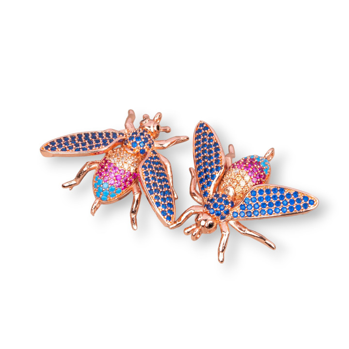 Connettori Di Bronzo Con Zirconi Incastonati Api Con 2 Anellini 27x22mm 4pz Oro Rosa