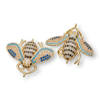 Conectores Bronce Con Circonitas Set Abejas Con 2 Aros 30x28mm 4pcs Multicolor Dorado