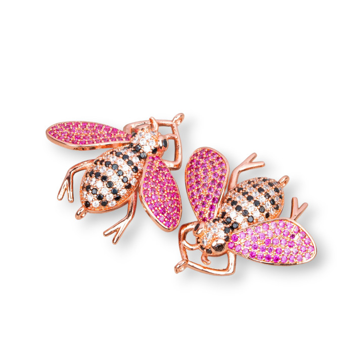 Bronze Connectors With Zircons Set Bees With 2 Rings 30x28mm 4pcs Ruby Rose Gold