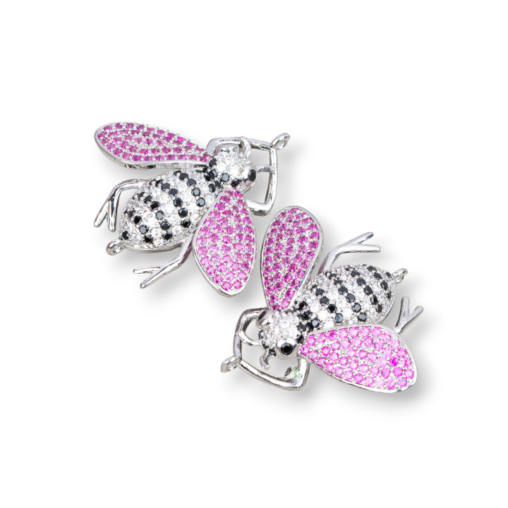 Bronze Connectors With Zircons Set Bees With 2 Rings 30x28mm 4pcs Ruby Rhodium Plated