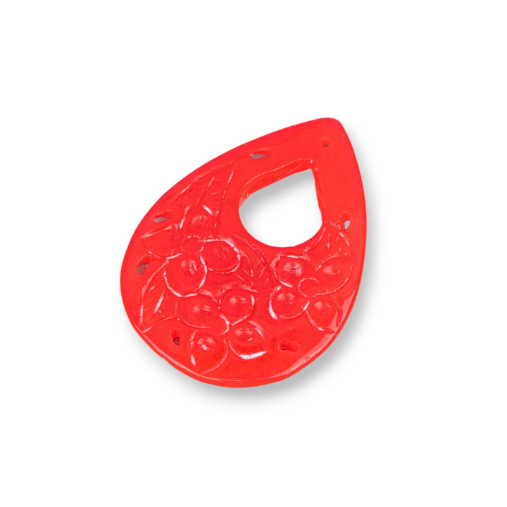 Componente de jade birmano Placa grabada 1 pieza Gota 35x55 mm Rojo