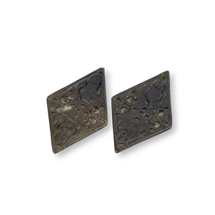 Burmesische Jade Komponente Gravierte Platte 2 Stück Rhombus 25x40mm