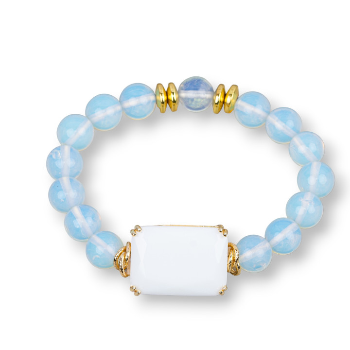 Bracelet Élastique Pierre Dure 10mm Avec Cabochon Hématite Et Cristal Central 19x26mm Synt Opale