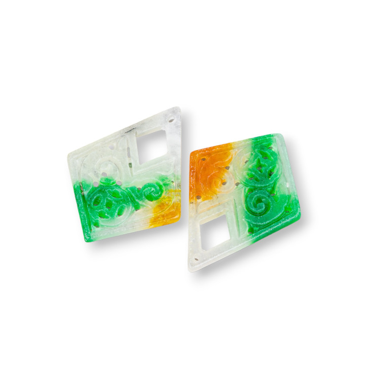 Componente Di Giada Burma Inciso Piastra 2pz Aquilone 28x40mm Floreale