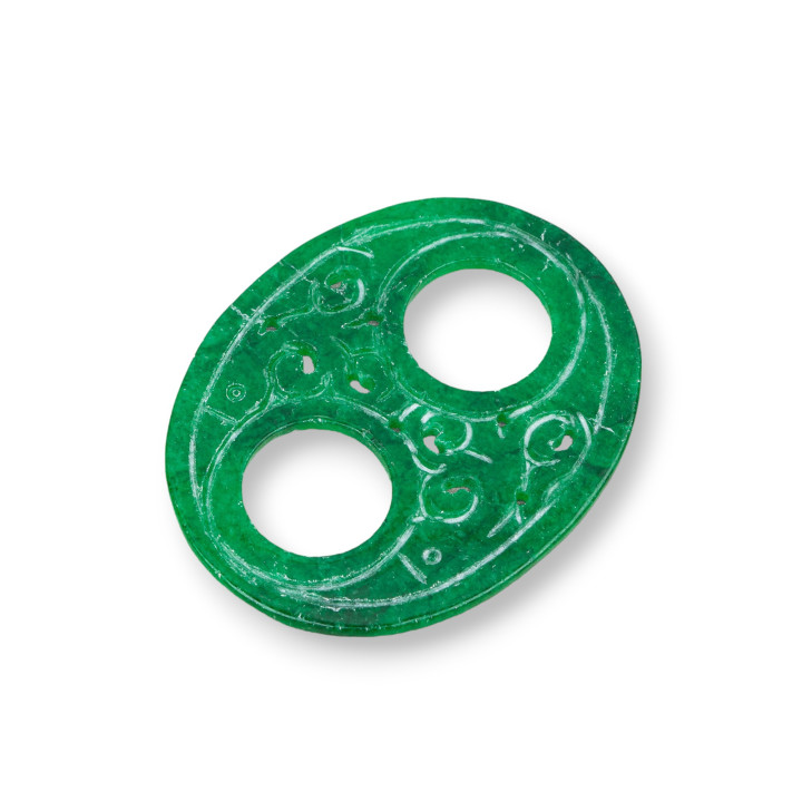 Componente de jade birmano Placa grabada 2 piezas Oval Doble orificio 43x54 mm Verde