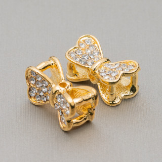 Componente Distanziatore Di Ottone Fiocco Con Strass 17x30mm 4pz Dorato