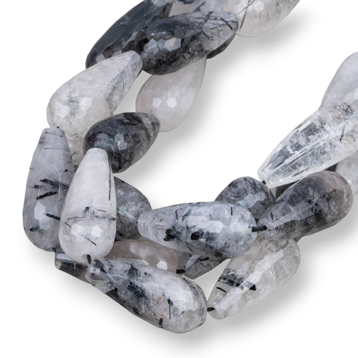 Quartz Rutile Noir (Graffiti Tourmaline Quartz) Goutte Facette 12x26mm