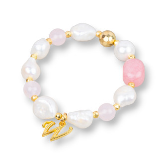 Bracelet élastique avec perles de rivière et pierre dure avec pendentif en bronze hématite et or rose