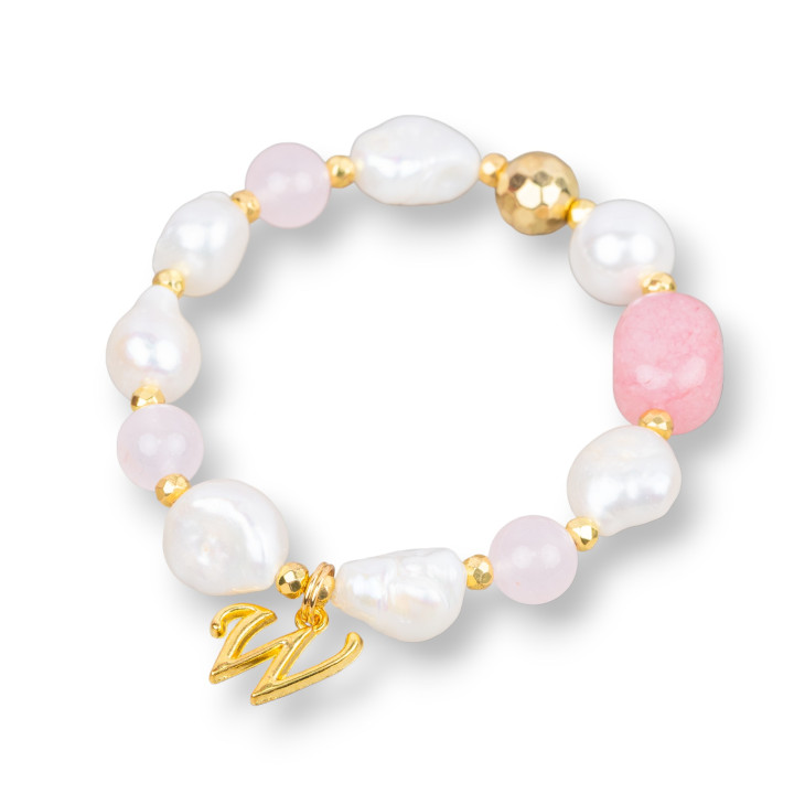 Pulsera Elástica Con Perlas De Río Y Piedra Dura Con Hematites Y Colgante Bronce Oro Rosa