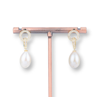Orecchini Perno Di Argento 925 Con Zirconi E Perle Di Fiume 10x30mm Misura Perla 10x14mm Dorato