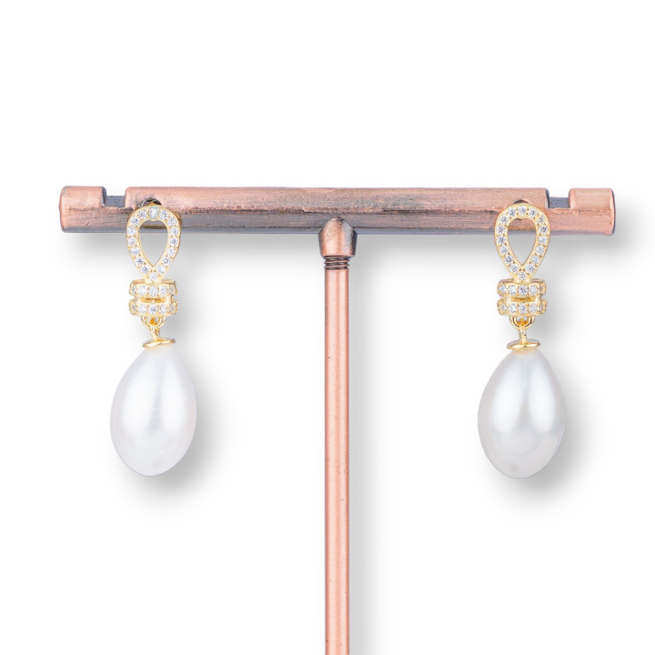 Pendientes Bolitas Plata 925 Con Circonitas Y Perlas De Rio 10x30mm Medida Perla 10x15mm Dorado