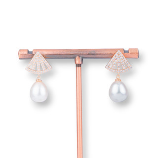 Orecchini Perno Di Argento 925 Con Zirconi E Perle Di Fiume 14x25mm Misura Perla 10x11mm Oro Rosa