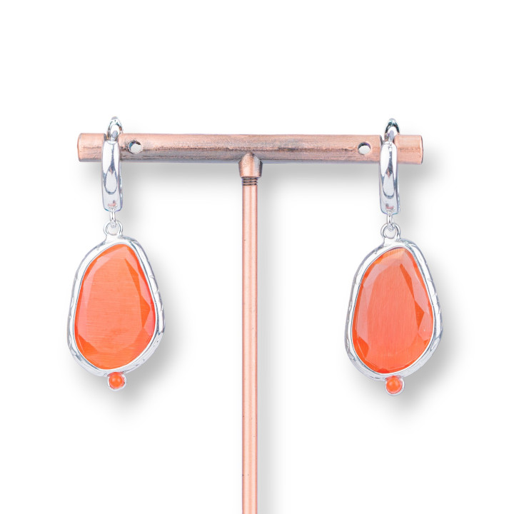 Pendientes de botón de bronce con ojo de gato engastados 16x38 mm rodio naranja